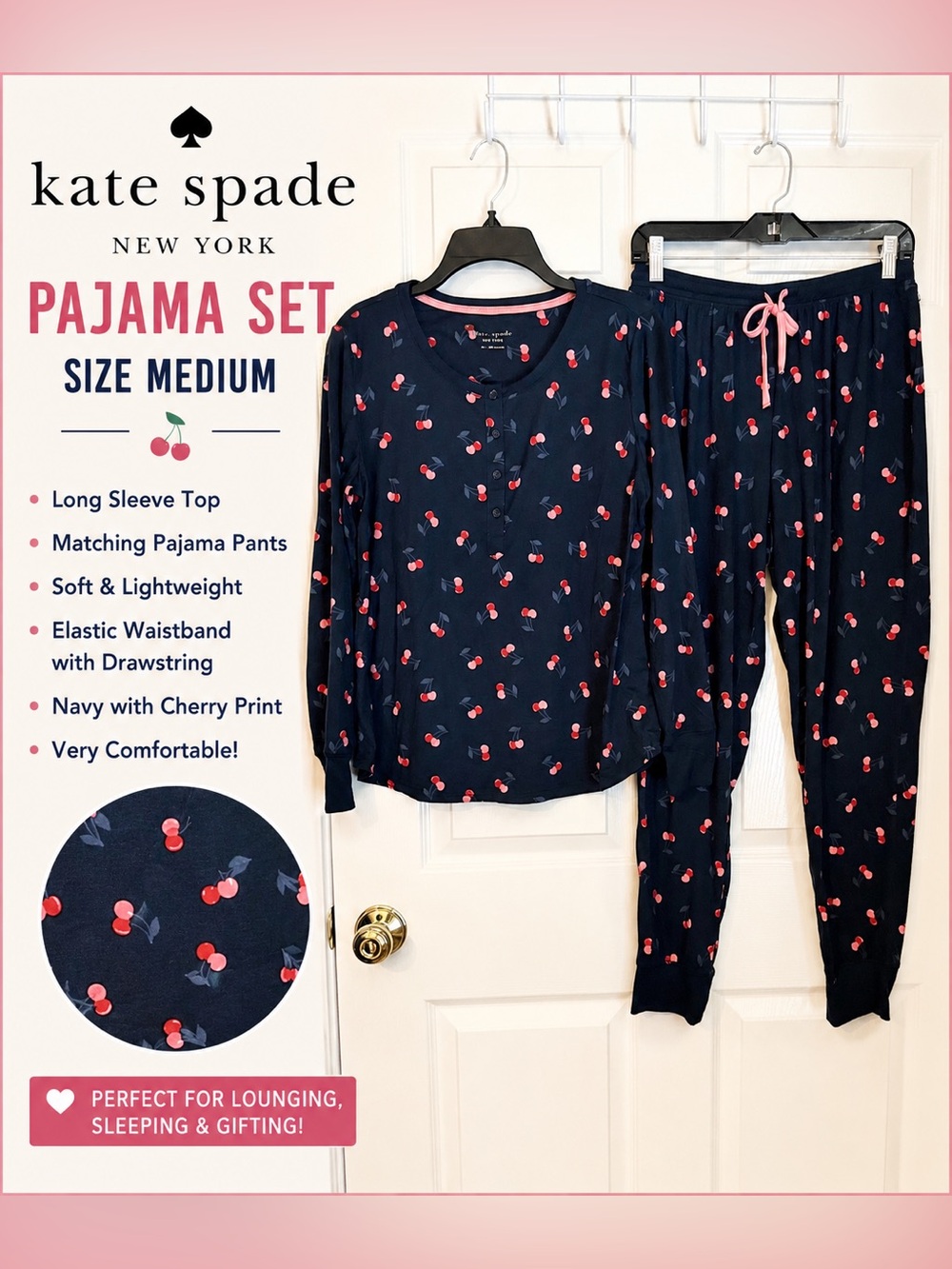 Kate Spade New York Cherry Print Pajama Set Size Medium Navy Pink Long Sleeve